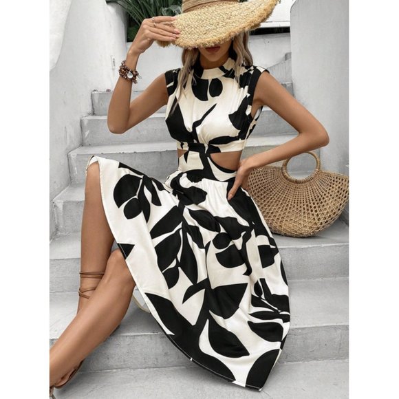 Boho Leaf Print Cut Out Waist Dress - Picture 9 of 9